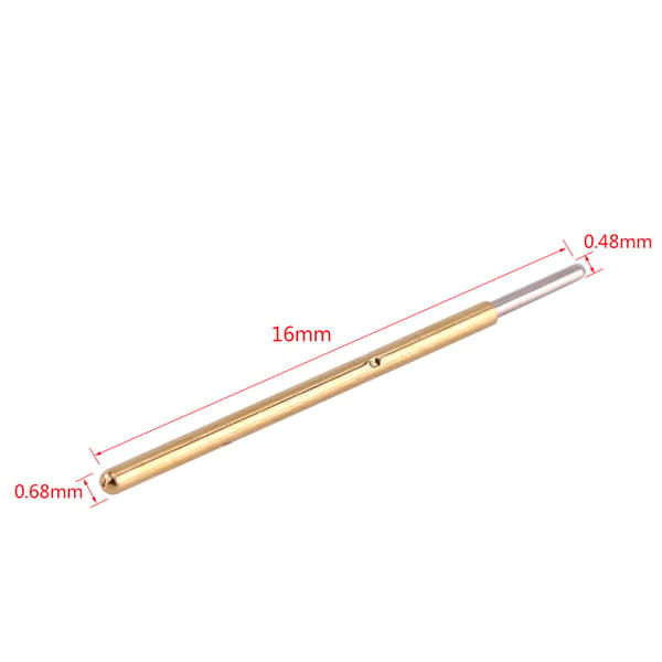 Fjærtestprober for PCB-testing - 100 stk, 0,68 mm diameter, 16 mm lengde, stift med rund hode (P50-J1)
