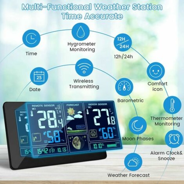 Väderstation med trådlös sensor DCF Radiotermometer Hygrometer Barometer Digital inomhus utomhus Månfas 9-i-1