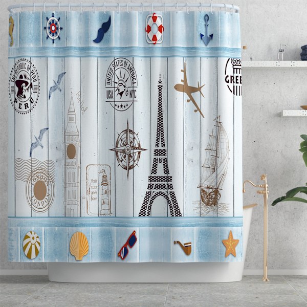 Watercolour Landmark Building Kylpyhuoneverho PEVA WC-suihkuverho Vedenpitävä ja hometta vastaava koukku,