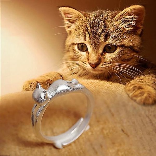 Dammode Söt katt Silverpläterad Justerbar Open Finger Ring Julpresent