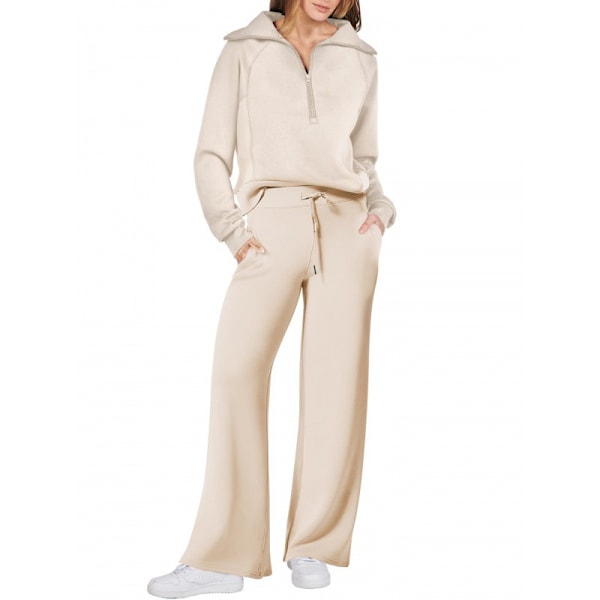 Dames 2-delt outfit sweatsuit sæt oversized halv lynlås sweatshirt brede ben sweatpants lounge sæt træningsdragt L