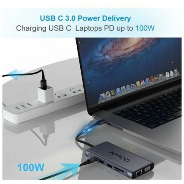 Triple Monitor USB C Adapter Dockingstation MacBook Pro 12-i-1 USB C Hub Adapter med Dual 4K HDMI og VGA, 2*USB 3.0