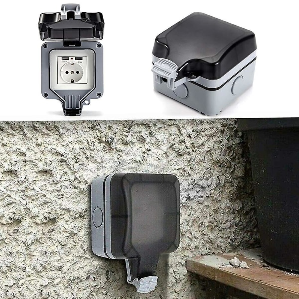 Dubbel vägguttag utomhus med USB, vattentätt, kraftigt, eluttag med väggbox (enkel)