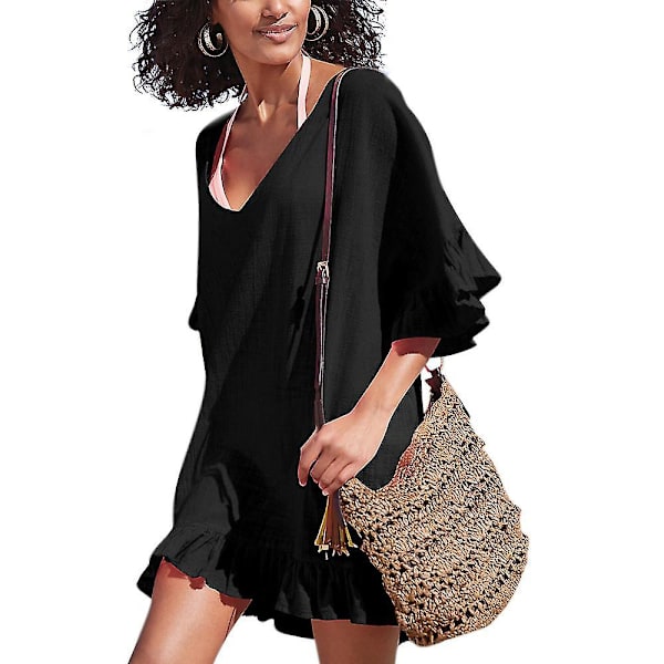 kvinnor Bikini Cover Up Plain Kaftan Mini Smock Dress V-hals Beachwear Badkläder Black