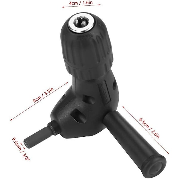 Högervinklad borrtillsats - 3/8&quot; 90 borradapter för 9,5 mm nyckellös chuck med rund skaft
