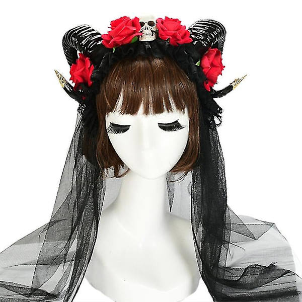 Ox Horn Hårbåge Skull Rose Veil Party Rekvisita Halloween Party Accessoarer Gold