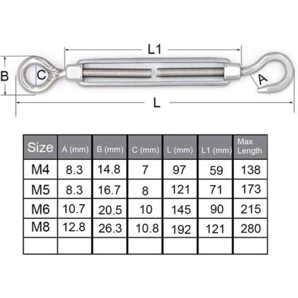 M4 304 krok- och öglespänne i rostfritt stål - 5-pack