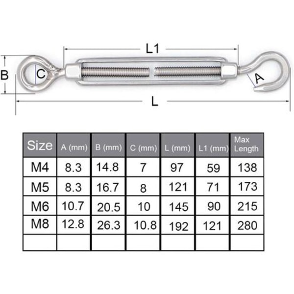 M4 304 krok- och öglespänne i rostfritt stål - 5-pack