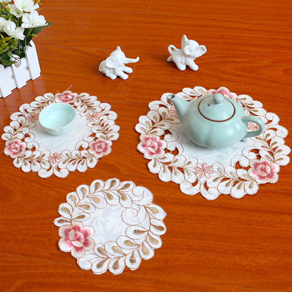 Rose Flower Brodery Placestable Rund Cup Bord Place Matt Pad C 25cm