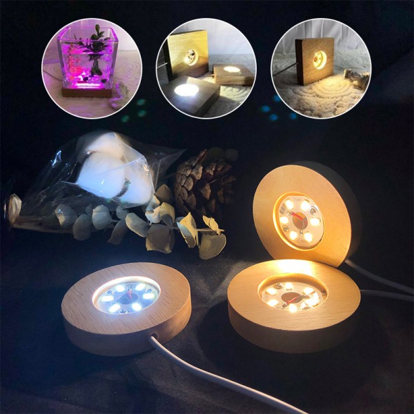 Trä LED-ljusdisplay Bas Kristallglas Resin Art Ornament Warm light