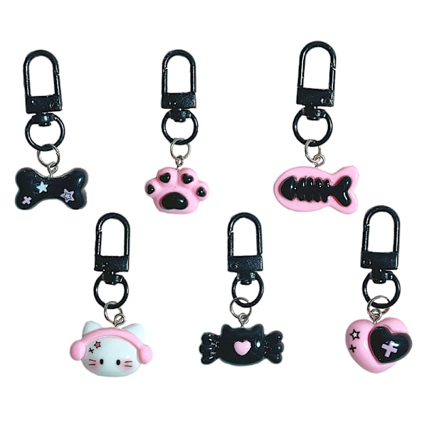 Svart rosa nyckelring Kitty Cat Claws Fish Bone Pendant Key Ring F