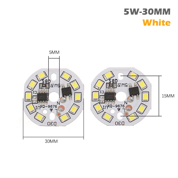 2st DIY LED-lampa SMD 15/12/9/7/5/3W Light Chip AC220V Inp 5W-30MM  White