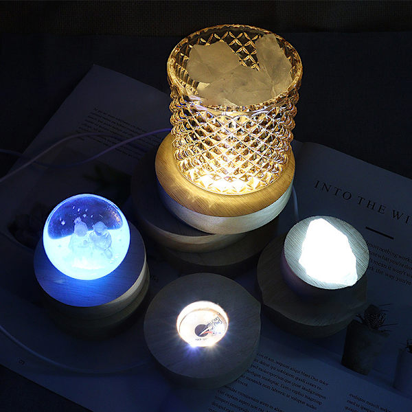 Round Wood Light Base USB med strömbrytare LED Light Rotating Displa White light
