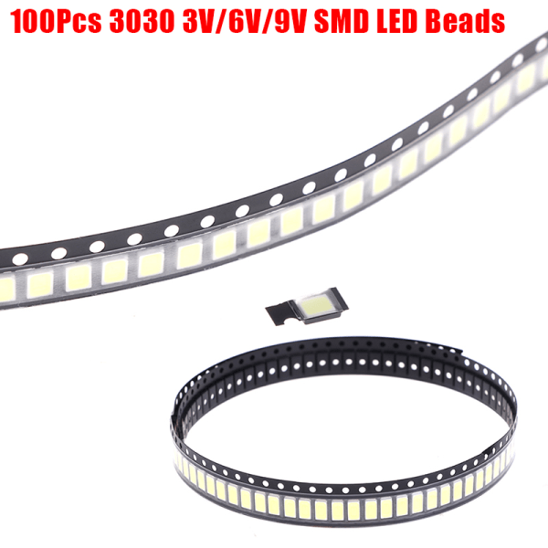 100st 3030 SMD LED-pärlor 1W 3V/6V/9V Kallt vitt ljus för TV L 6V