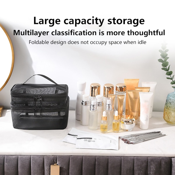 Black Mesh Makeup Case Organizer Förvaring Organizer Förvaring Wome Gray Two layers