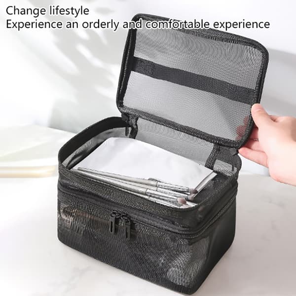 Black Mesh Makeup Case Organizer Förvaring Organizer Förvaring Wome Gray Two layers