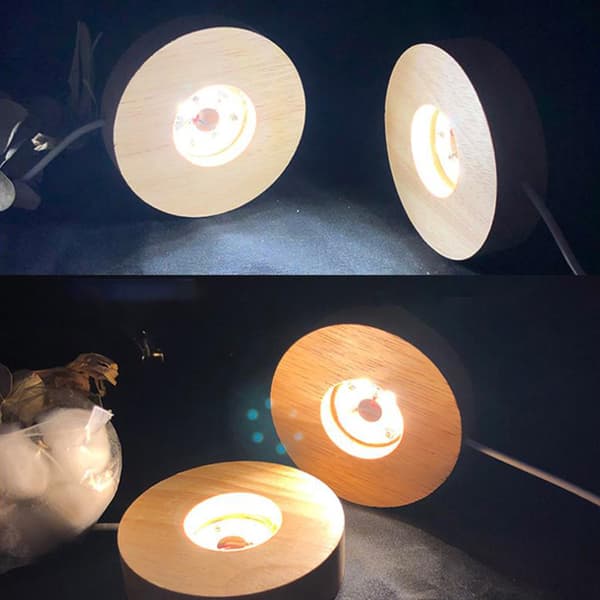 Round Wood Light Base USB med strömbrytare LED Light Rotating Displa Warm light