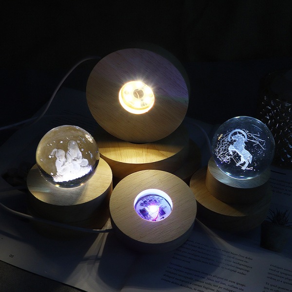 Round Wood Light Base USB med strömbrytare LED Light Rotating Displa Multicolor light
