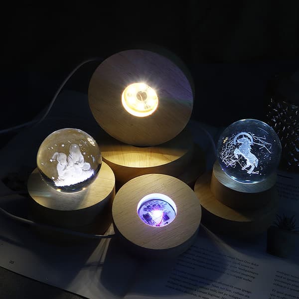 Round Wood Light Base USB med strömbrytare LED Light Rotating Displa White light