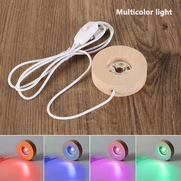 Round Wood Light Base USB med strömbrytare LED Light Rotating Displa Multicolor light