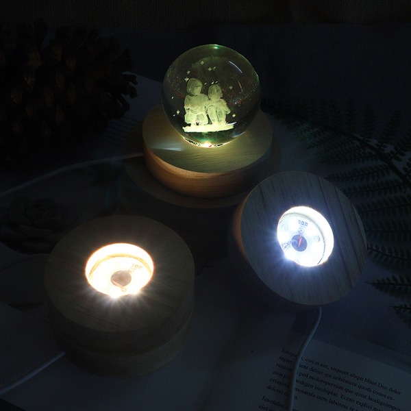 Round Wood Light Base USB med strömbrytare LED Light Rotating Displa Multicolor light