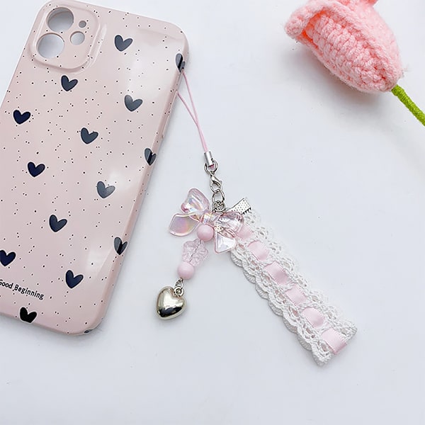 Söt härlig spetsband Cat Heart hängsmycke Telefon Charm Lanyard A3
