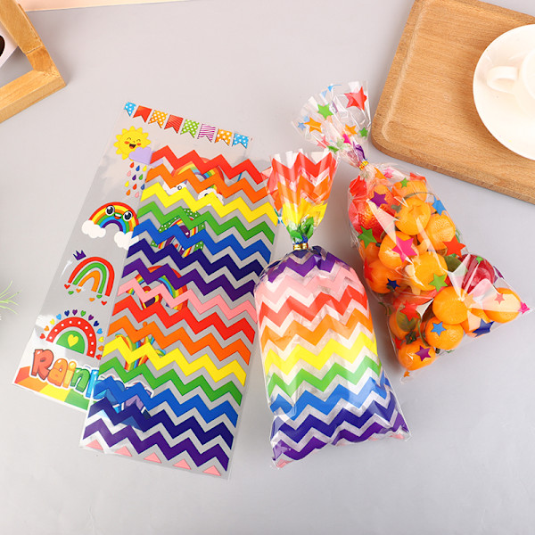 50 st Flat Pocket Candy Cookie Rainbow Randig brödpresentpåse B 50pcs
