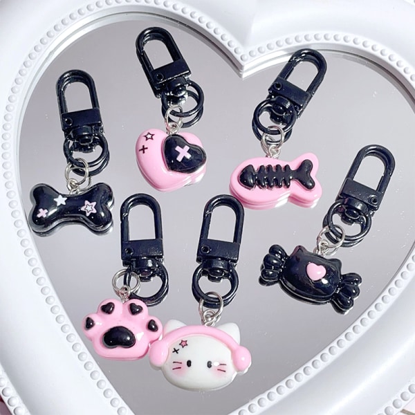 Svart rosa nyckelring Kitty Cat Claws Fish Bone Pendant Key Ring F