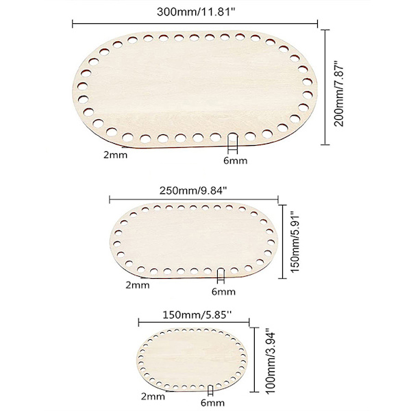 3 st/ set Naturlig träkorg Botten Oval Blank massiv virkning
