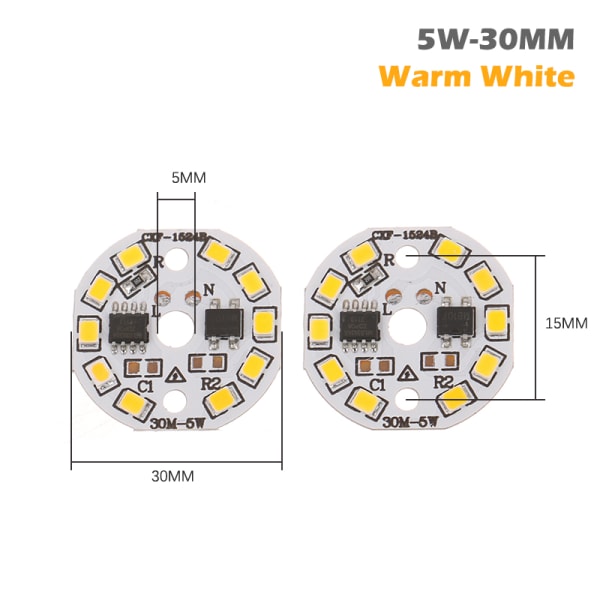 2st DIY LED-lampa SMD 15/12/9/7/5/3W Light Chip AC220V Inp 5W-30MM Warm White