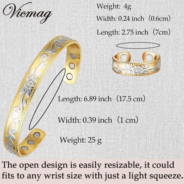 Kobbermagnetisk til kvinder mænd Ultra Styrke Magneter 99,99% Solid Rent Kobber Manchet Armbånd Magnetfeltterapi (Guld & Sølv Blomst)