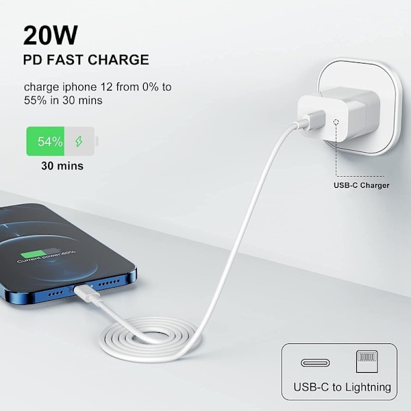 2-pakning - Lader for iPhone - Hurtiglader - Adapter + Kabel 20W Hvit en one size iPhone 2-Pack iPhone（NT） 2-Pack 2-Pack iPhone