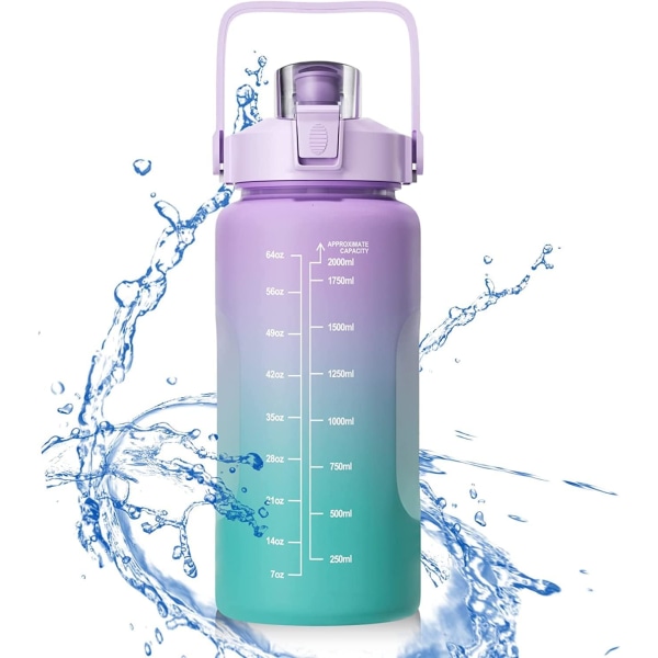 Vandflaske, 2 liters sportsflaske, Inspireret tidsmarkør, vandflaske med sugerør, BPA-fri, Lækagesikker, let og genanvendelig, velegnet