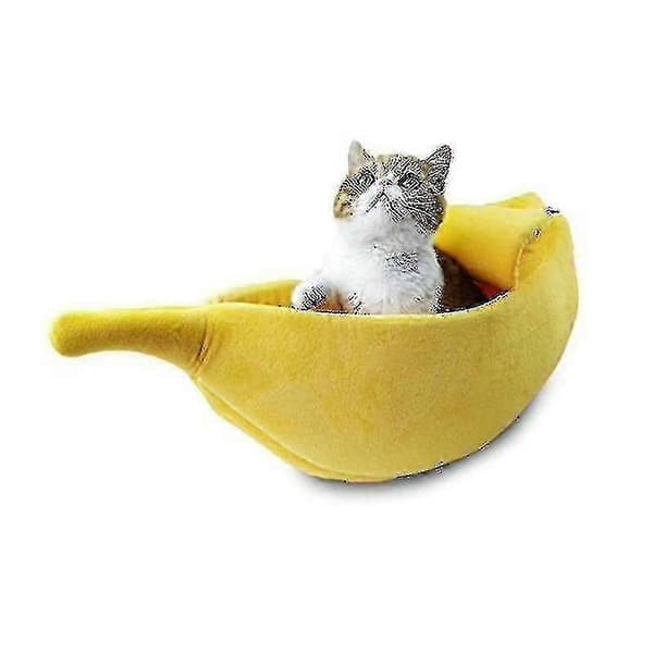 Bananformet kattekennel - Varm vinterkatteseng til indendørs katte, størrelse L (gul)