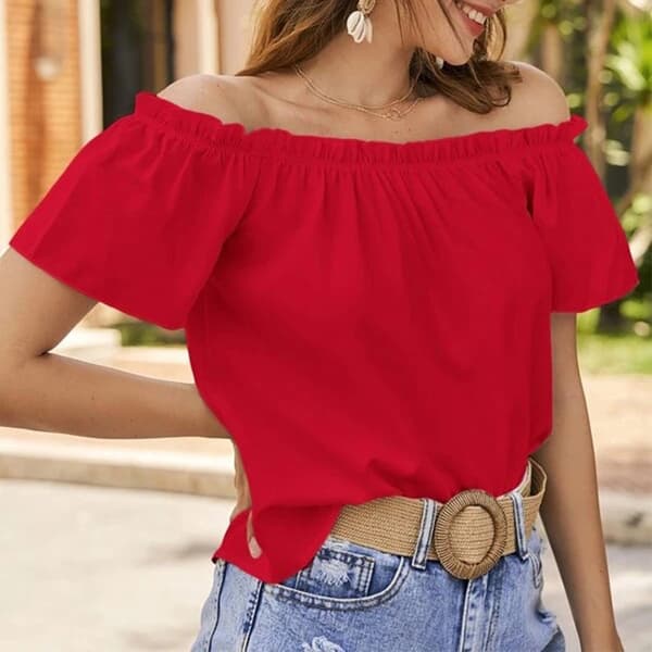 Dame ensfarget kortermet volangkant off-shoulder løs sommerbluse rød