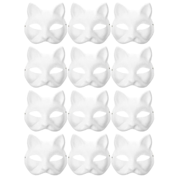 12 stk Blanke Kattemasker Kostume Cosplay Maske Børnehave DIY Umalede Kattemasker White 18.5X16.5X6CM