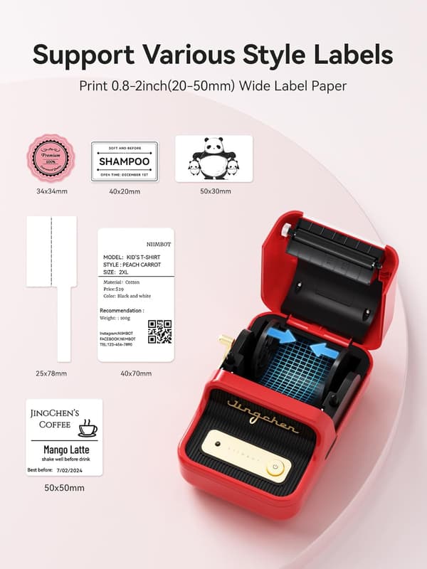 B21 Mini termisk etikettskriver uten blekk, kompatibel med iOS og Android, for hjemmeorganisering, bedrift, strekkoder, QR-kode, med 1 Rosso