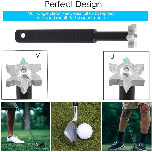Golfkøllebørste, udtrækkelig golfkøllerens med karabinhage og 6 rillespidserblade golfbørste til U- og V-riller