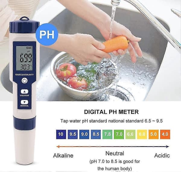 5-i-1 Vandtester Multifunktionel Vandkvalitetstester, Digital Tds/ec/salinitet/ph/temperatur Til Drikkevand, Pool, Akvarium, Fisketank, Hydrop