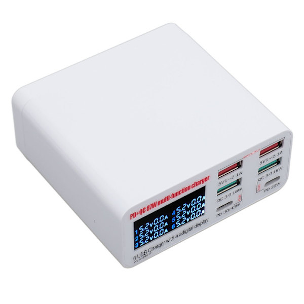 USB-latausasema 87W USB A USB C -laturi Hub 6 portilla LCD-näyttö QC3.0 PD Pikalataus USB-virtajohto 100–240V US-pistoke 0.1