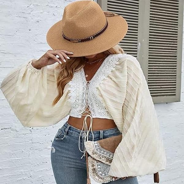 Dame Strå Panama Hatt Fedora Strand Solhatt Bred Brem Rull Opp Hatt UPF 50+