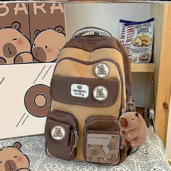 Skoltaske Brun 2024 Capybara Ridge Stor Kapacitet Rygsæk Til Drenge Og Piger, Badgekort White Backpack