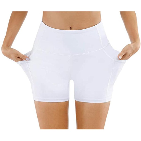 Yogashorts, damshorts, sidelommer med telefonlomme, høy midje, yoga, fitness, gym, treningsbukser, hvite (M)