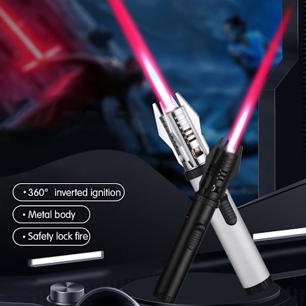 Camping Outdoor Windproof Straight Flame Lighter Adjustable Red Flame Inflatable Lighter for Grilling BBQ Black