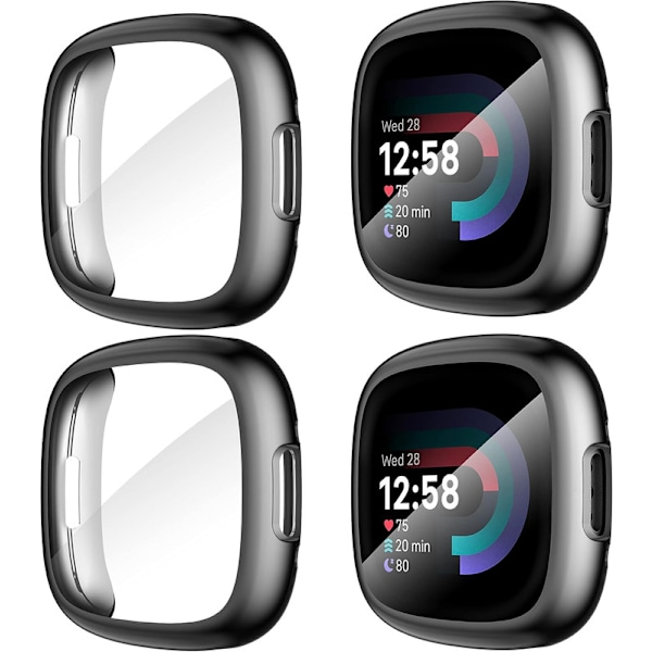 Diruite 4 kpl kotelo Fitbit Versa 4/Sense 2 näytönsuojalle, HD iskunkestävä pehmeä TPU-kotelo täydellä suojalla Fitbit Versalle Black+Black+Black+Black