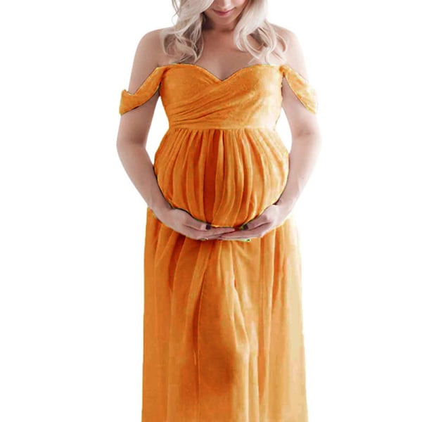 Gravid Lang Kjole Off Shoulder Elegant Stilfuld Løs Fald Kjole til gravid kvinde til brudeforretning Fotografering Ginger L 1