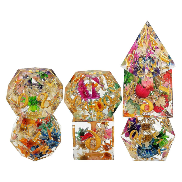 7x polyedriske terninger Sæt gennemsigtige blomsterindgraverede spilterninger til