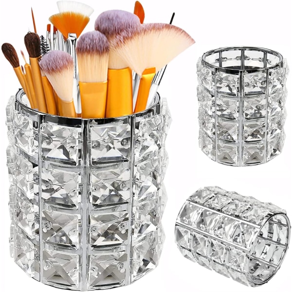 Makeup Organizer Ögonbrynskam Borsthållare Silver Smyckeskrin Crystal Bling Beads Hink Kosmetisk förvaring Rund ljuskopp