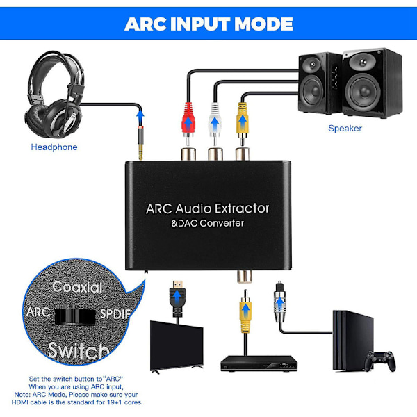 Audio Extractor 192khz Dac-konverter ARC Audio Extractor Understøtter Digital Kompatibel Lyd til Analog