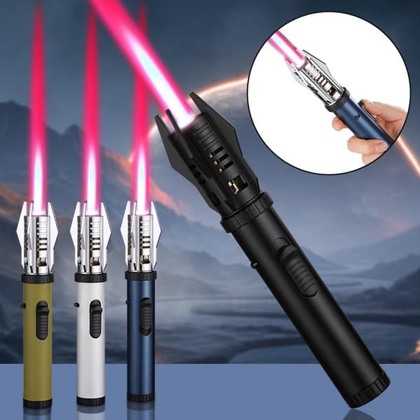 Camping Outdoor Windproof Straight Flame Lighter Adjustable Red Flame Inflatable Lighter for Grilling BBQ Black